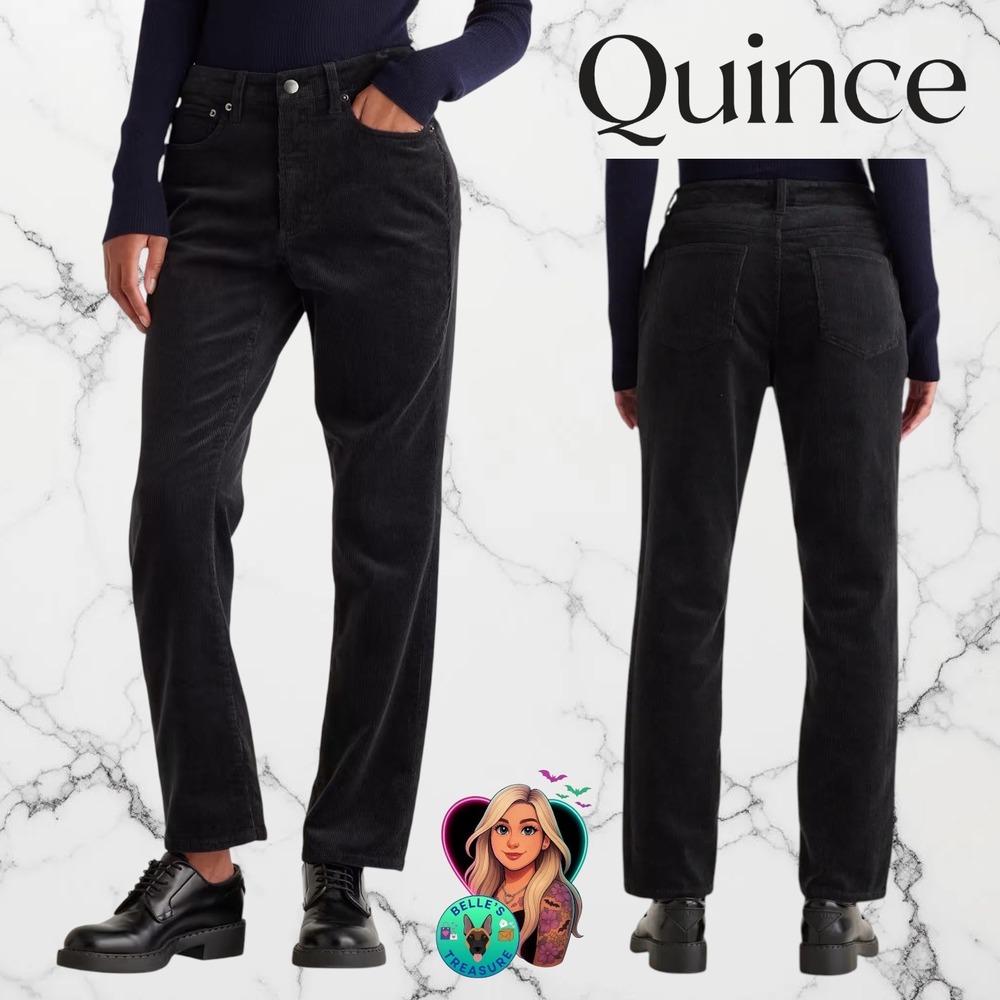Quince Organic Cotton Stretch Corduroy High Rise Straight Leg Pants Black 12